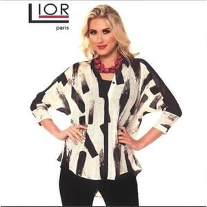 Lior Paris Small Black White Open Weave Outer Blouse Light Jacket‎ Belted Back